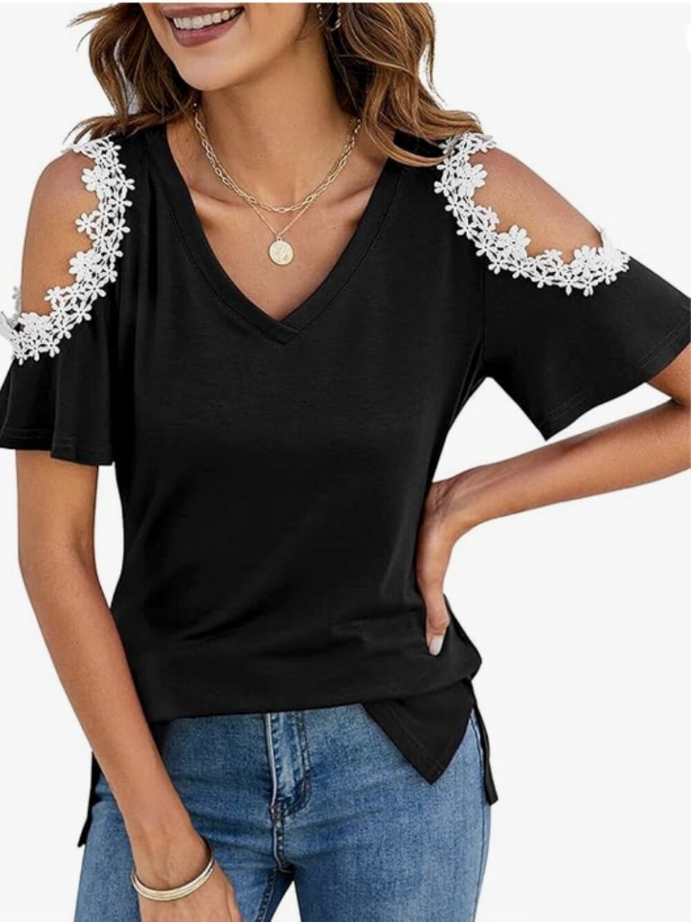Black Dressy White Flowery Lace V Neck Shirts Cold Shoulder Stretch Tunic Top XL